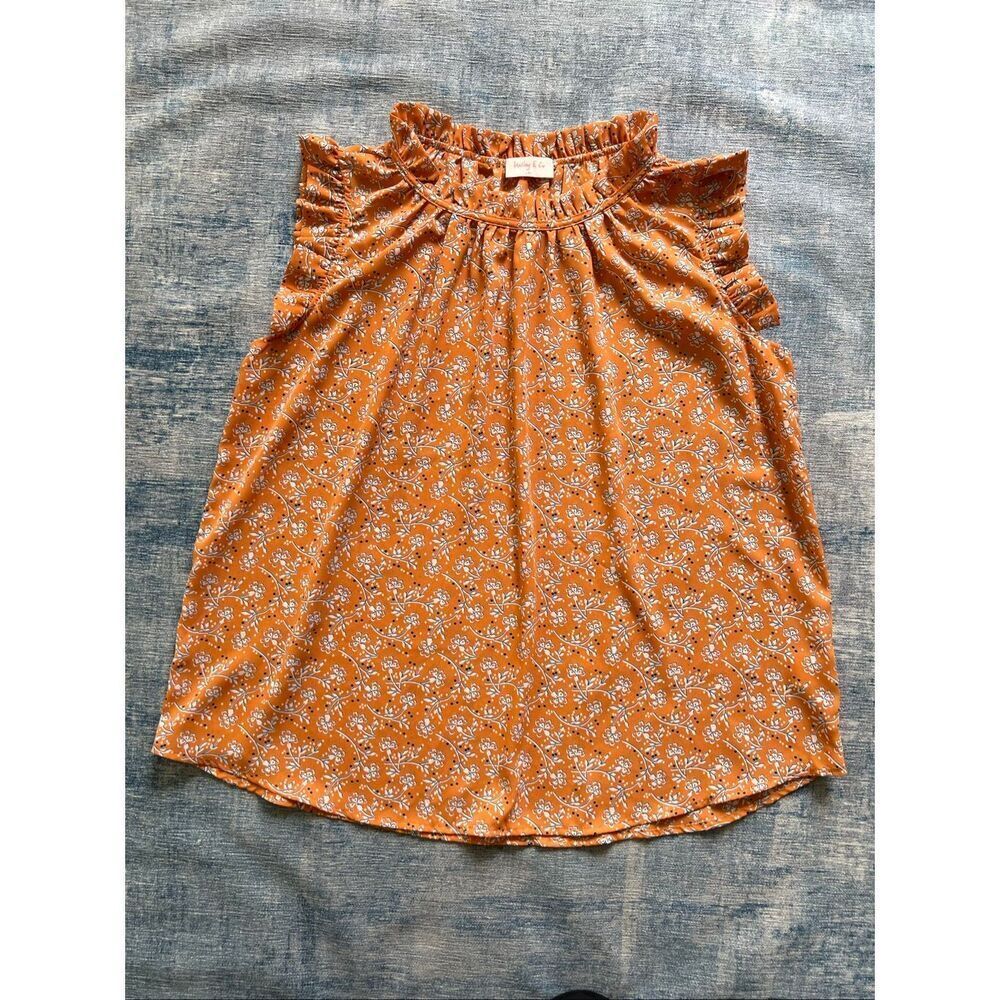 Hailey & Co Orange White Floral Ruffle Blouse Medium